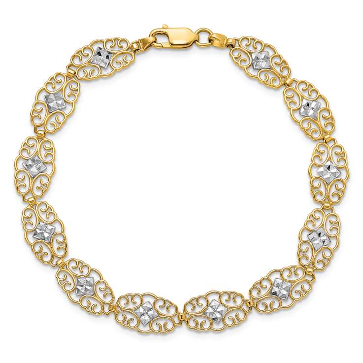 14k Two-tone Gold Diamond-Cut Fancy Link Bracelet