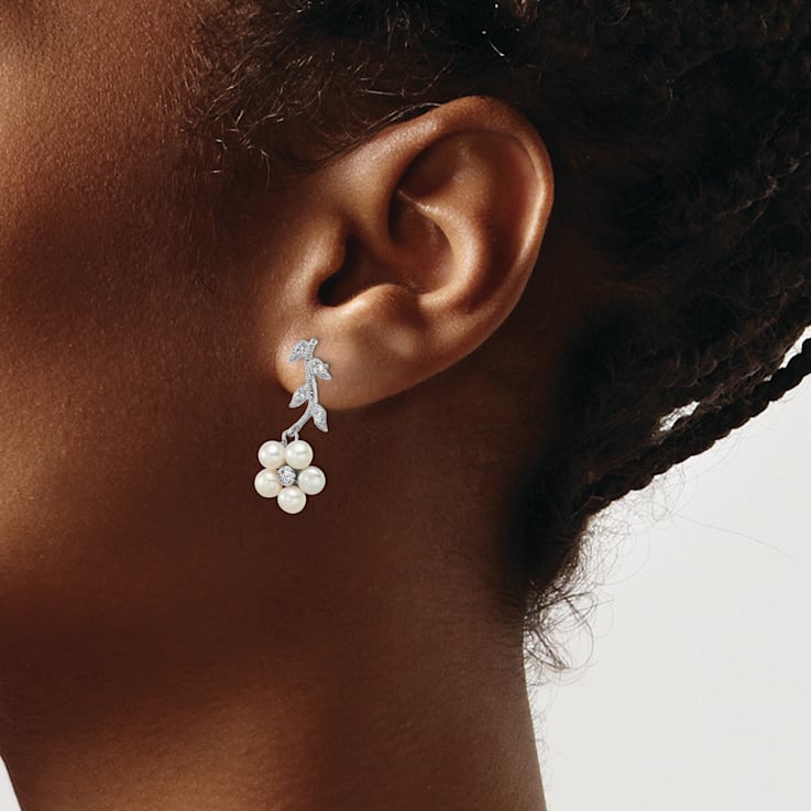 Rhodium Over Sterling Silver White Freshwater Cultured Pearl CZ Flower
Post Earrings