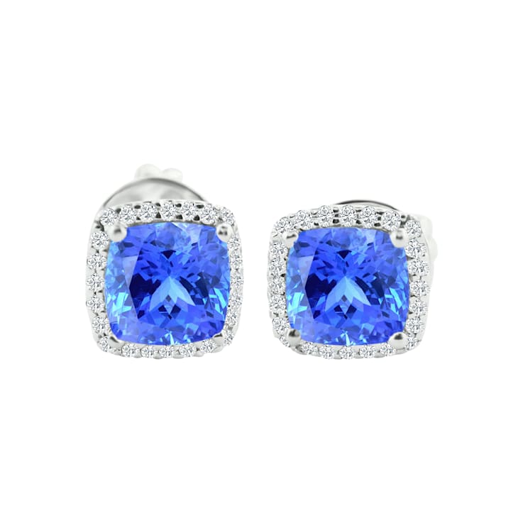 14K White Gold Square Cushion Tanzanite and Diamond Earrings 2.87ctw