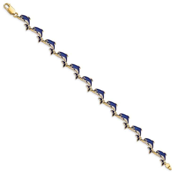 14k Yellow Gold Enameled Dolphin Link Bracelet
