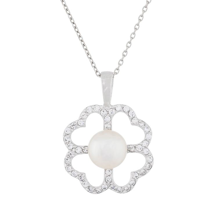 9-10mm Button White Cultured Freshwater Pearl and CZ Rhodium Over
Sterling Silver Pendant