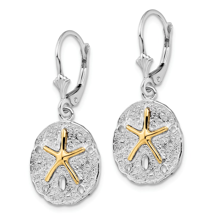 Rhodium Over Sterling Silver Sand Dollar with 14k Starfish Leverback Earrings