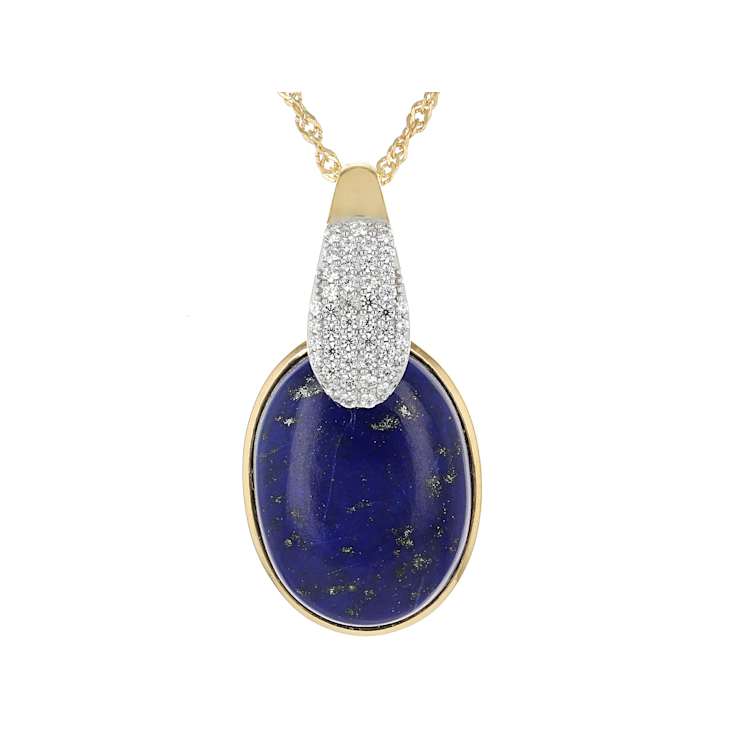 Lapis Lazuli Large Oval And White Zircon Pendant Necklace In 18K Gold
Over Sterling Silver 0.47ctw