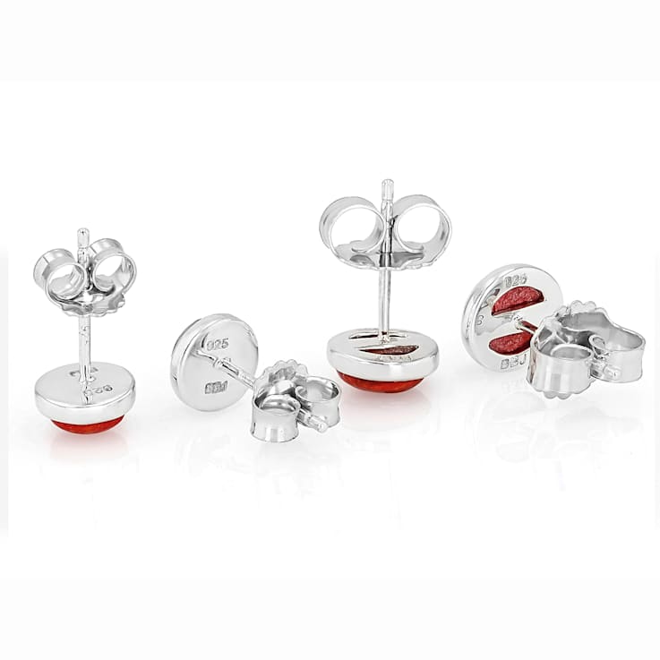 Red Coral Sterling Silver Stud Earring Set Of Two Pairs 5mm And 6mm