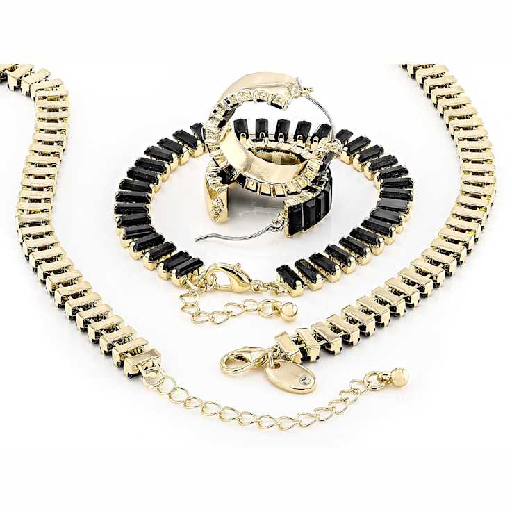 Black Crystal Tennis Necklace, Bracelet And Earring Set In Gold Tone
