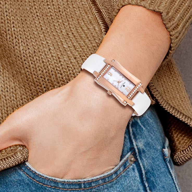 Ladies Charles Hubert Rose IP Stainless Steel White Leather 23x32mm Watch