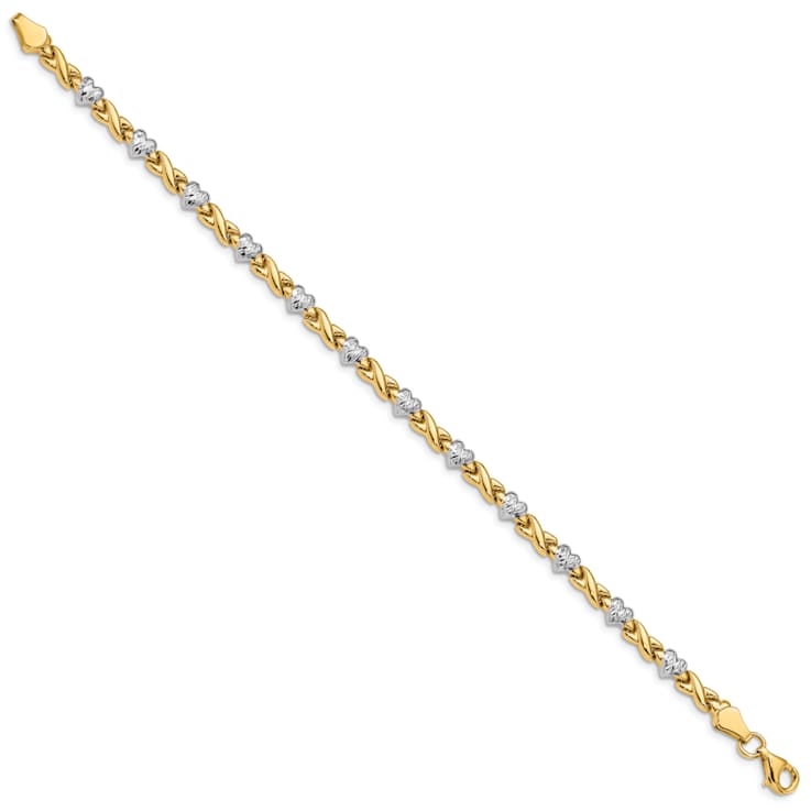 14k Yellow Gold and Rhodium Over 14k Yellow Gold Polished Textured Heart
and X Bracelet