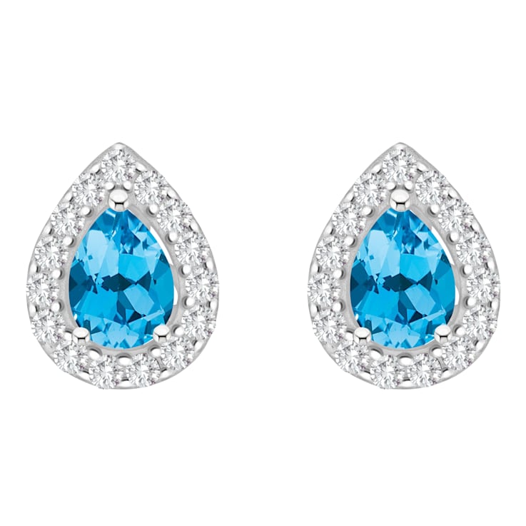 8x5mm Pear Shape Swiss Blue Topaz And White Topaz Rhodium Over Sterling
Silver Halo Stud Earrings
