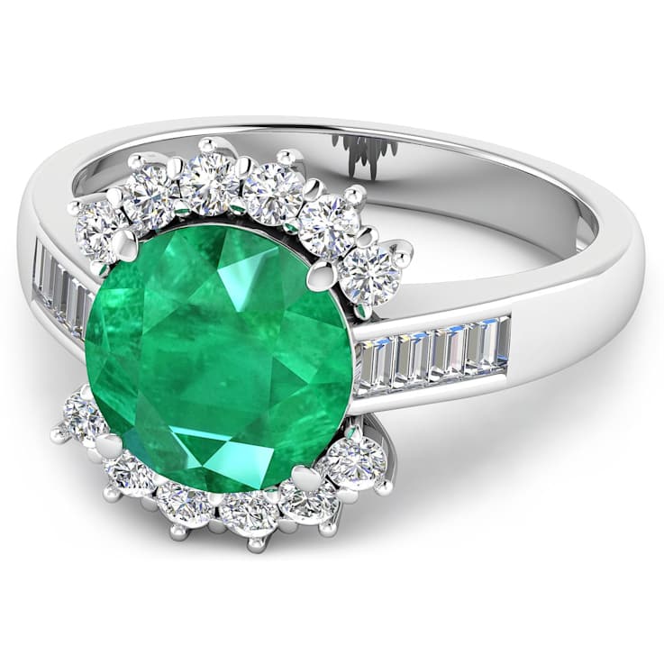 3.33ctw Green Emerald and Diamond 14K White Gold Halo Ring