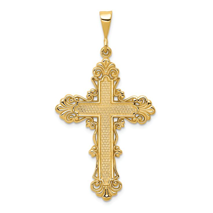14k Yellow Gold Textured Fleur De Lis Cross Pendant