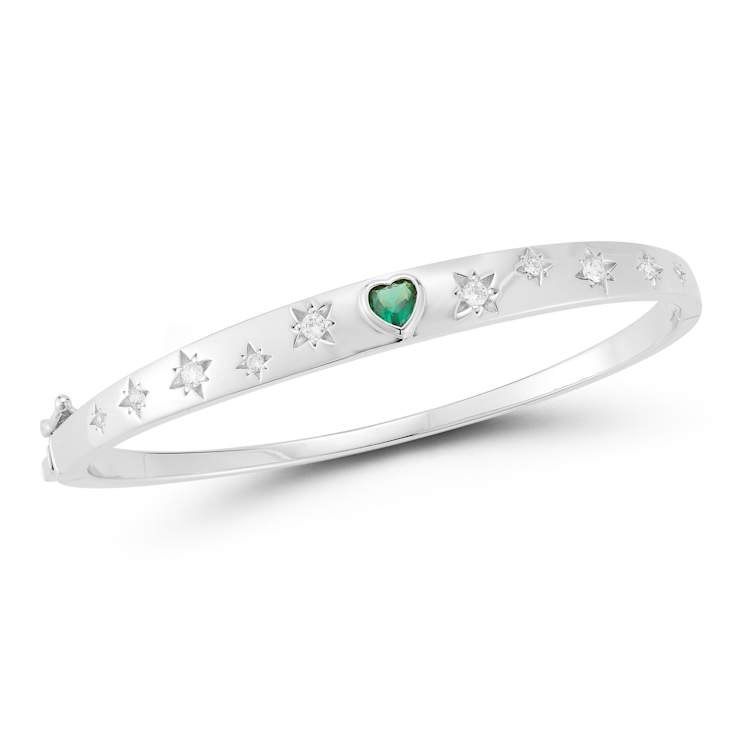 Rachel Zoe Heart and Starburst CZ Bangle Bracelet in Rhodium Over
Sterling Silver