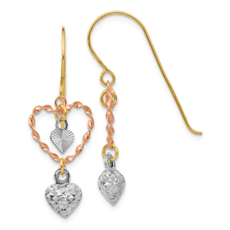 14k Yellow Gold, 14k White Gold and 14k Rose Gold Diamond-Cut Heart
Dangle Earrings