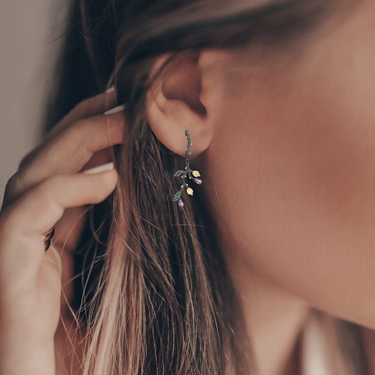 Amethyst and Nanocrystal Black Rhodium Over Sterling Silver Leaf Earrings
