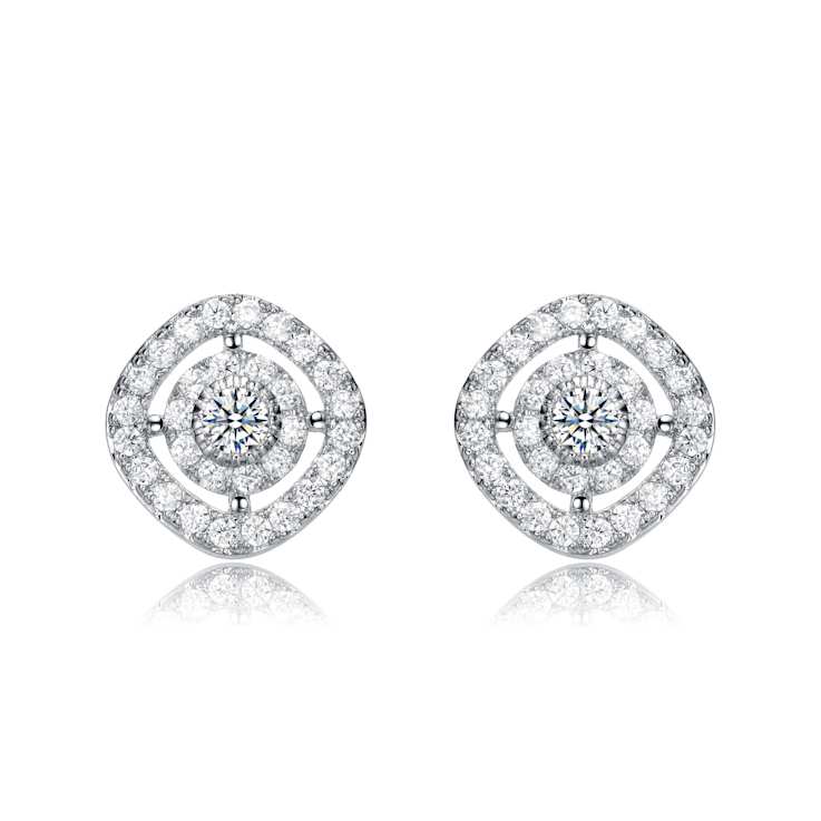 CZ Halo Square Stud Earrings In White Rhodium Over Brass