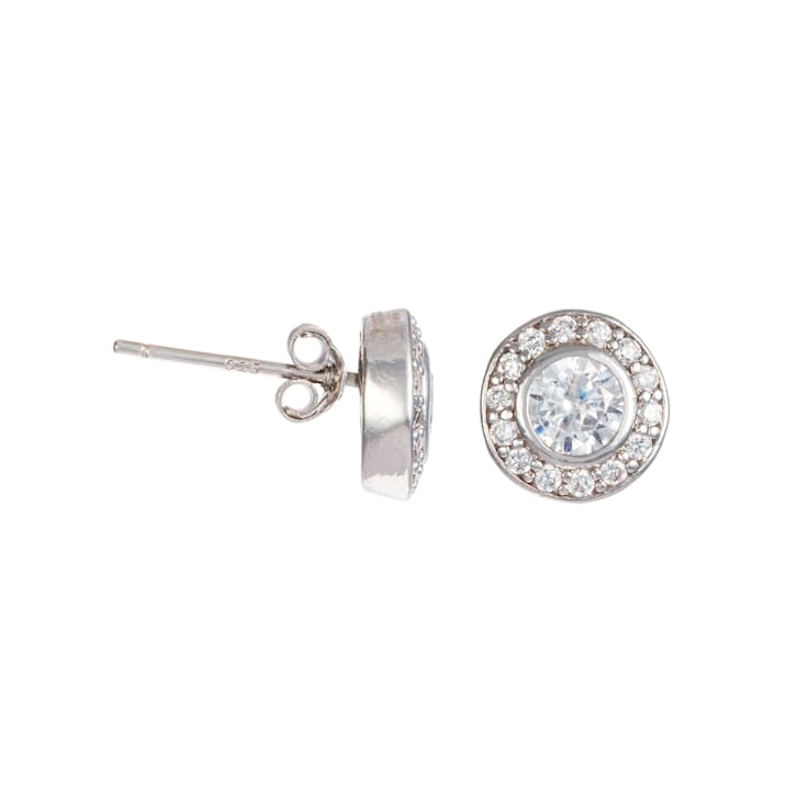 CZ Halo Stud Earrings In Sterling Silver