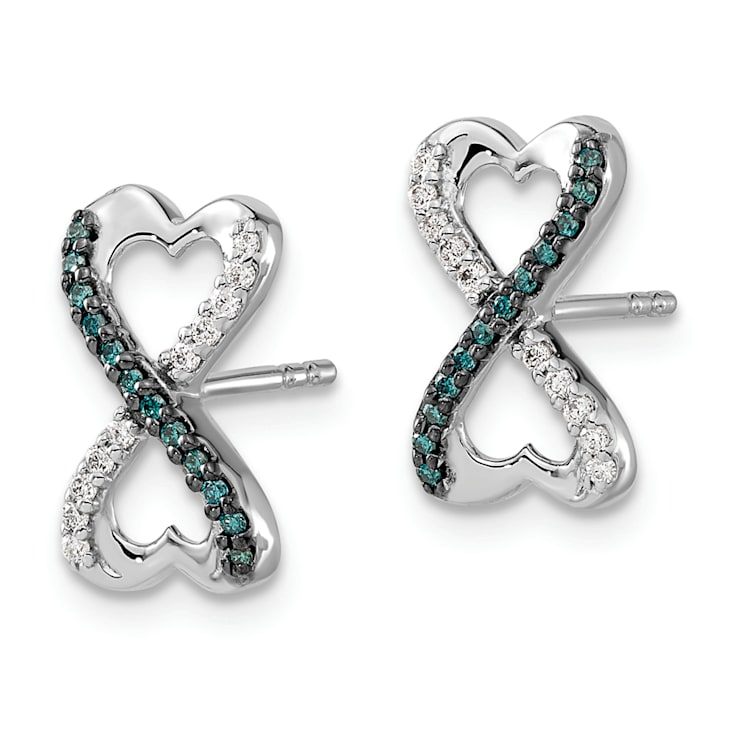 Rhodium Over 14k White Gold Blue and White Diamond Infinity Heart Stud Earrings
