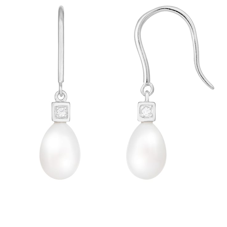 7.5-8 mmWhite Cultured Freshwater Pearl and Cubic Zirconia Rhodium Over
Sterling Silver Earrings