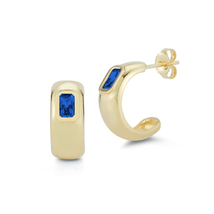 Sterling Statements 14K Yellow Gold Over Sterling Silver Blue CZ Hoop Earrings