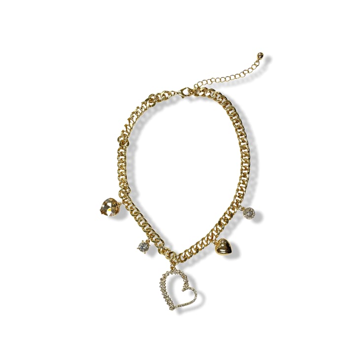 Gold Tone Crystal Heart Charm Necklace.