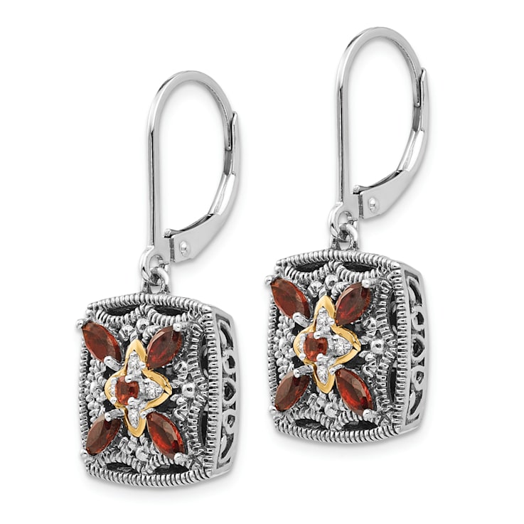 Sterling Silver Antiqued with 14K Accent Diamond and Garnet Earrings