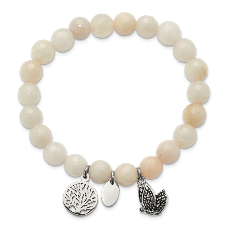 Stainless Steel Antiqued and Polished Butterfly White Jade Stretch Bracelet