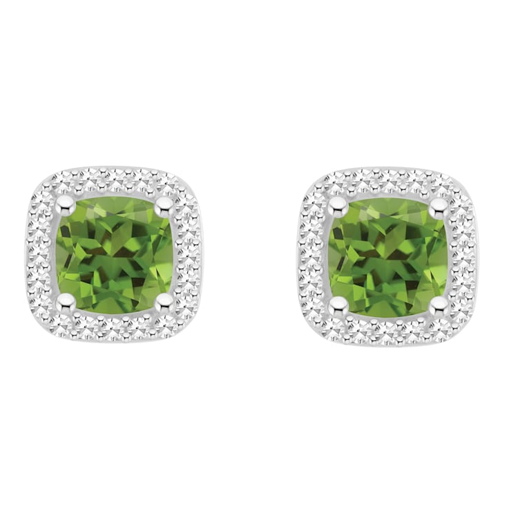 5mm Cushion Peridot 1/5 ctw Diamond Rhodium Over Sterling Silver Halo
Stud Earrings