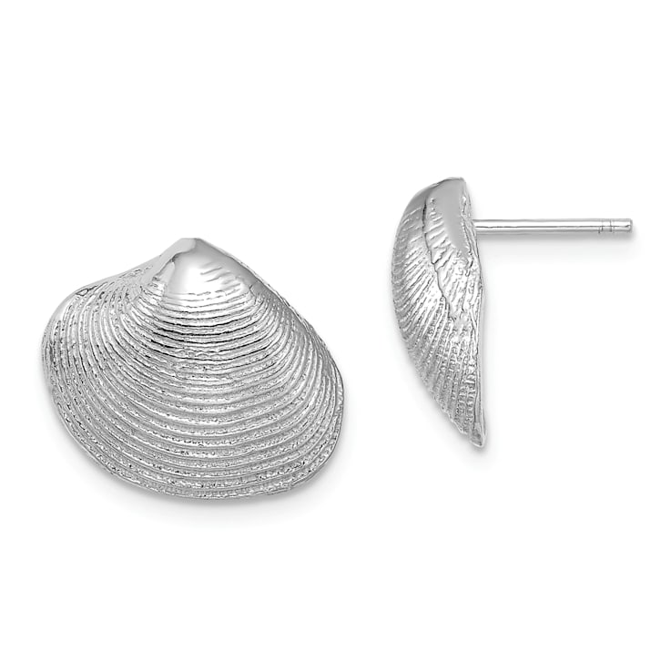Rhodium Over 14k White Gold Textured Clam Shell Stud Earrings
