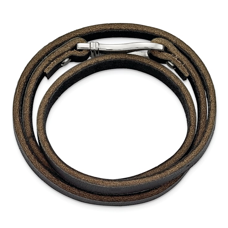 Black and Brown Leather and Stainless Steel Wrap Bracelet