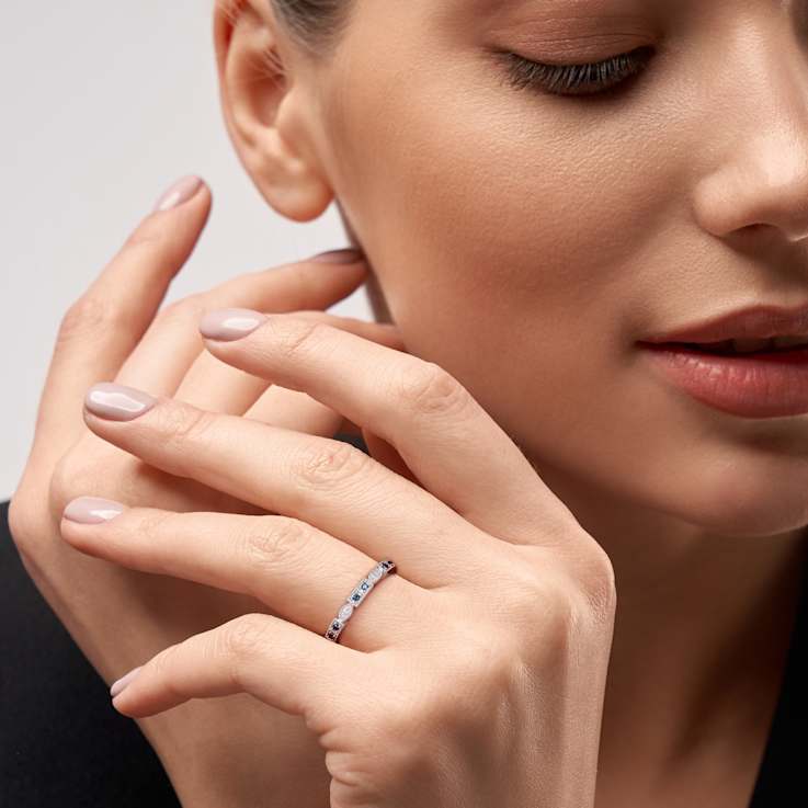 Blue Sapphire and Diamond 10K White Gold Semi Eternity Ring 0.14ctw