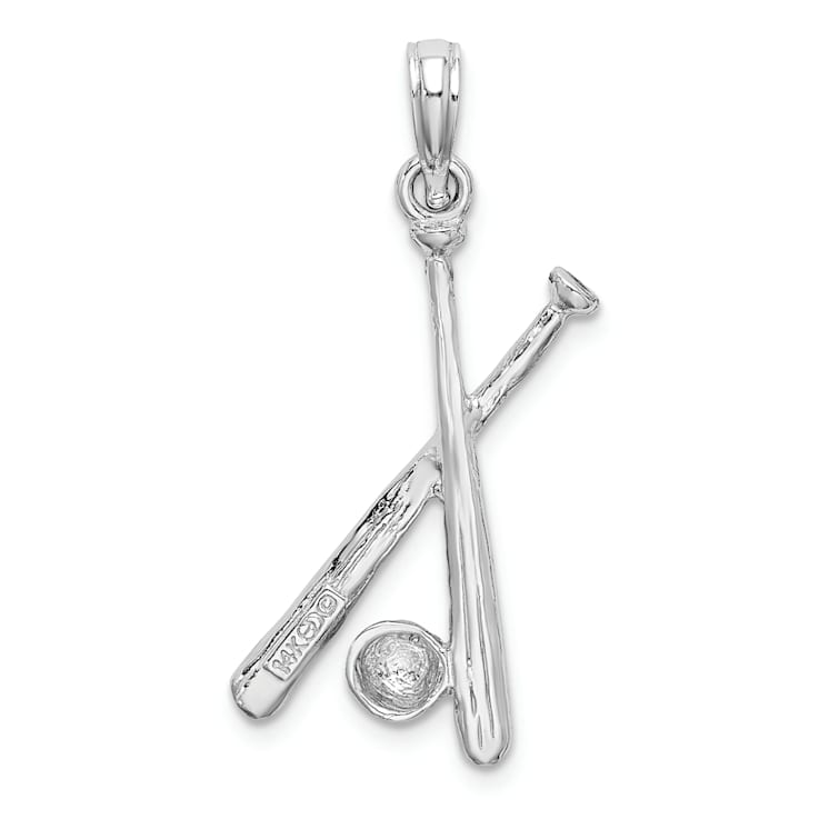 Rhodium Over 14k White Gold Textured Bats and Baseball Pendant