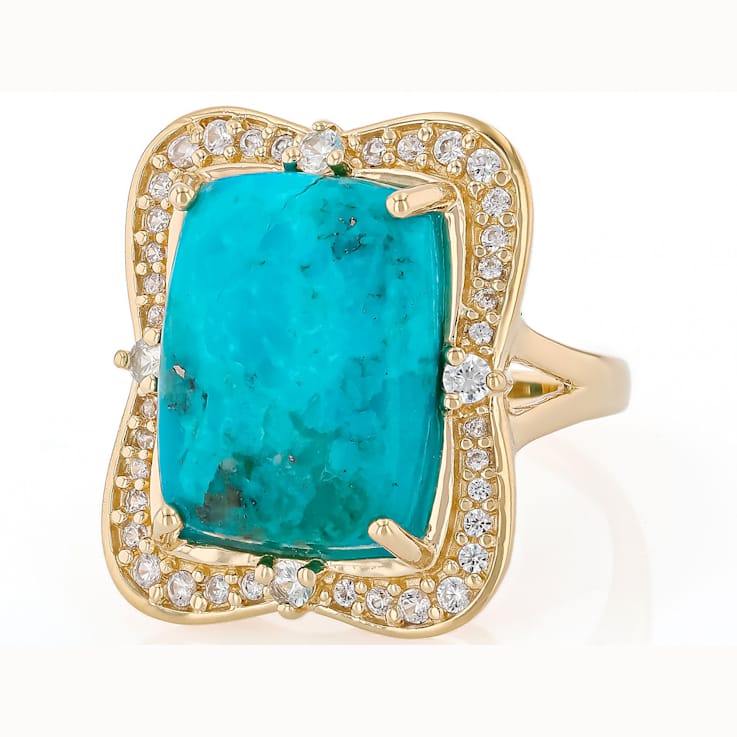 Turquoise And White Zircon Cocktail Ring In 18K Gold Over Sterling
Silver 0.55ctw