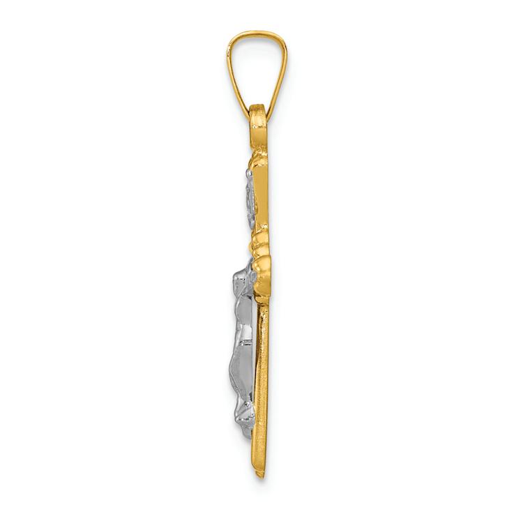 14K Two-tone Gold Polished Brushed Flower Center INRI Crucifix Pendant
