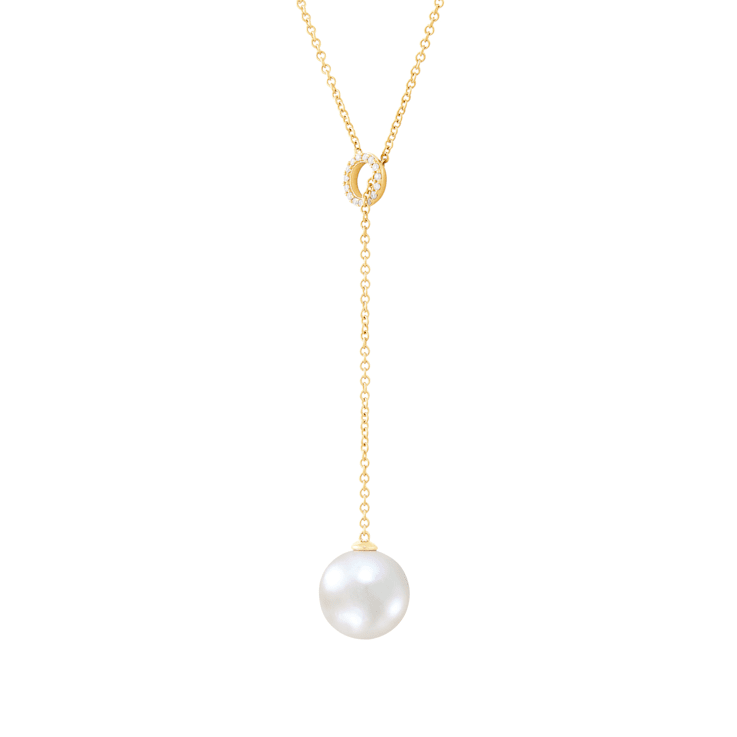 13mm Round Freshwater Pearl with 0.10ctw Diamond 14K Yellow Gold Lariat Necklace