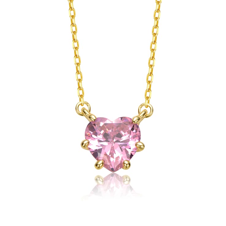 Pink CZ Heart Solitaire Pendant In 14K Gold Over Brass