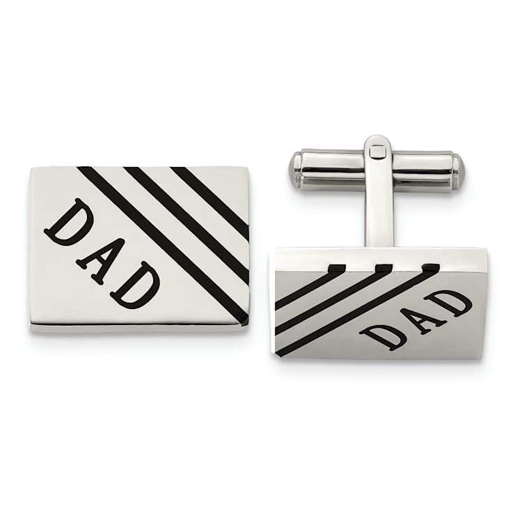 Stainless Steel Polished Black Enameled Dad Rectangle Cufflinks