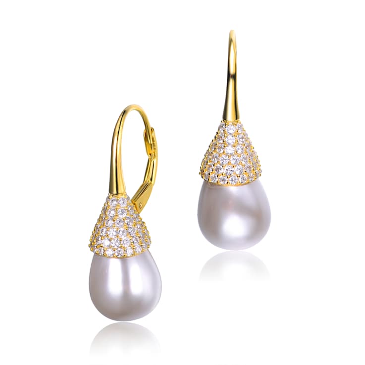 Pear Shape CZ And Pearl Drop Earrings In 14K Gold Over Sterling Silver