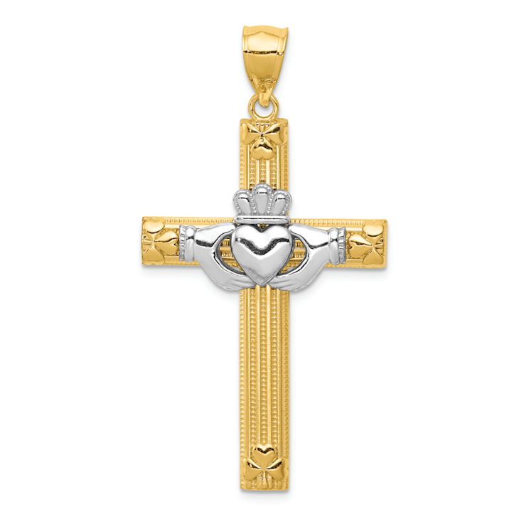14k Yellow Gold and 14k White Gold Textured Claddagh Cross Pendant