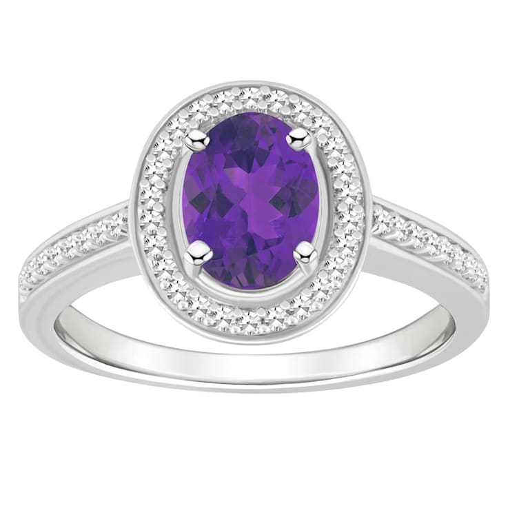8x6mm Oval Amethyst 1/5 ctw Diamond Rhodium Over Sterling Silver Halo Ring