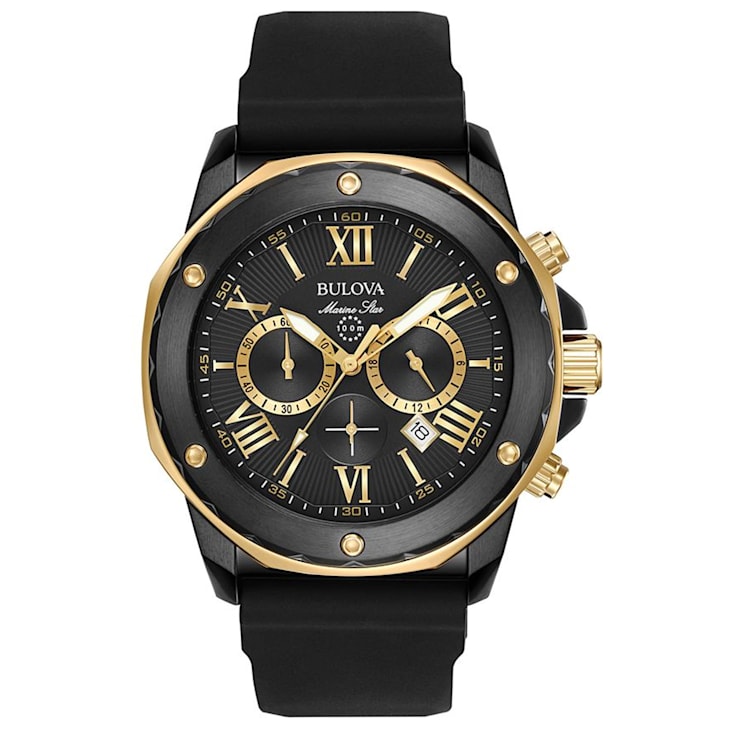 Bulova Men's Marine Star Black Dial, Black Rubber Strap Watch