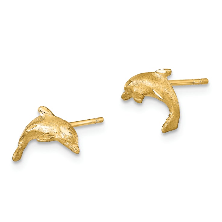 14k Yellow Gold Satin and Diamond-Cut Dolphin Stud Earrings