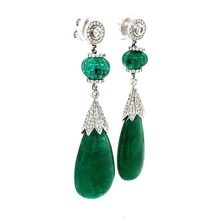 46.00 Ctw Emerald and 1.00 Ctw White Diamond Earring in 18K WG