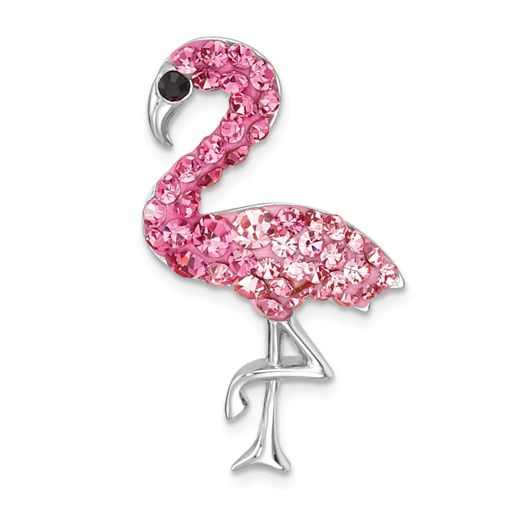 Rhodium Over Sterling Silver Polished Pink Crystal Flamingo Slide Pendant