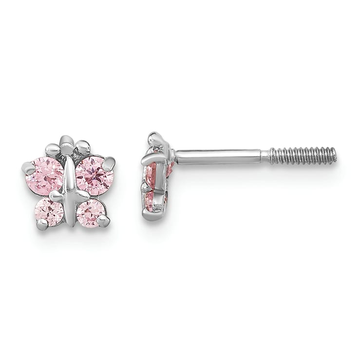 Rhodium Over 14K White Gold Polished Pink Cubic Zirconia Butterfly Post Earrings