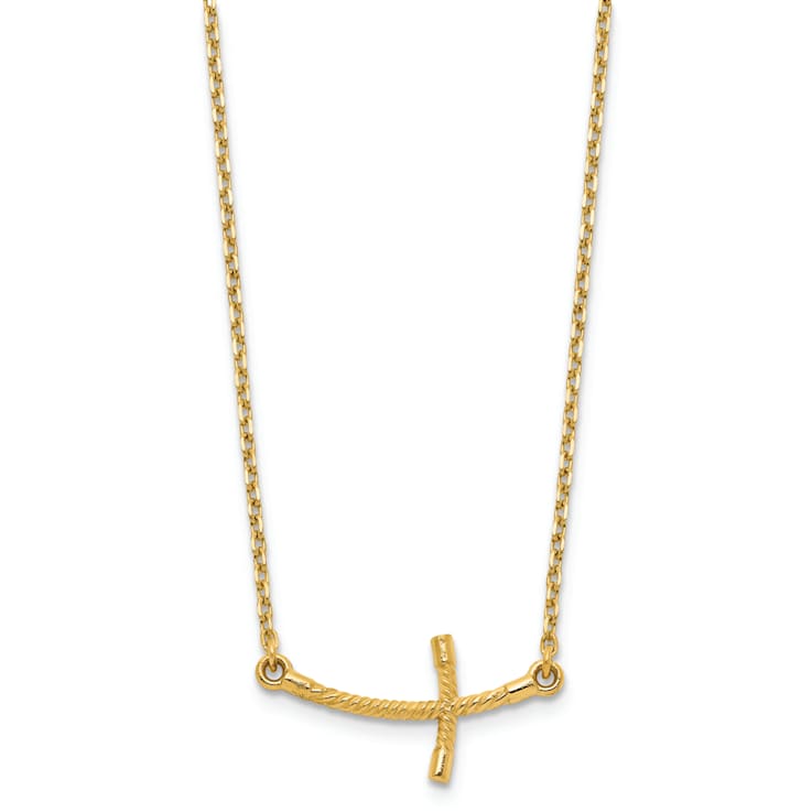 14K Yellow Gold Small Sideways Curved Twist Cross Necklace