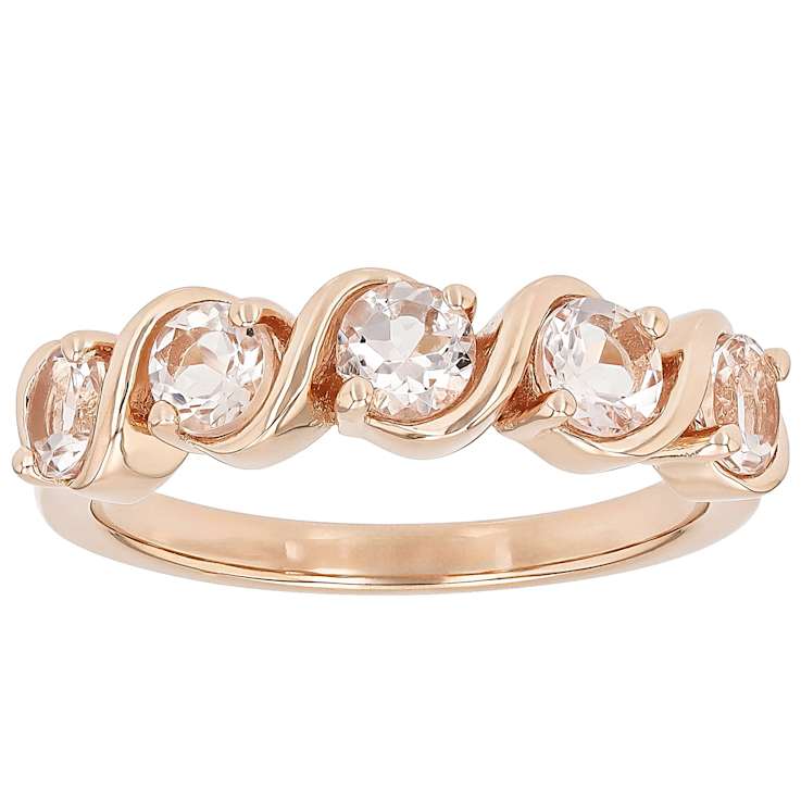 Morganite Round Station Band Ring In 18K Rose Gold Over Sterling Silver 0.94ctw