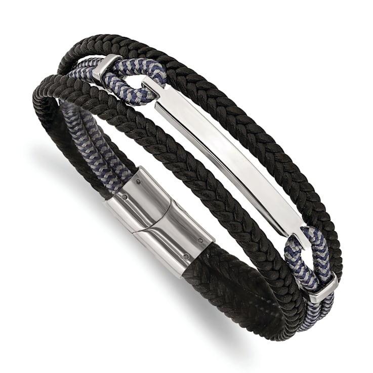 Black Leather and Stainless Steel Polished Multi Strand 8.25-inch ID Bracelet