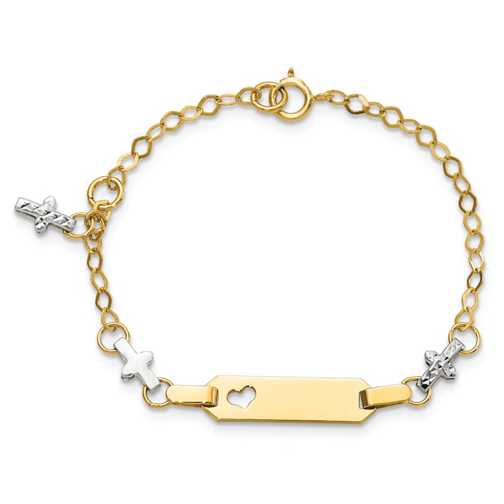 14k Yellow Gold and 14k White Gold Baby Polished Textured Cross ID Bracelet