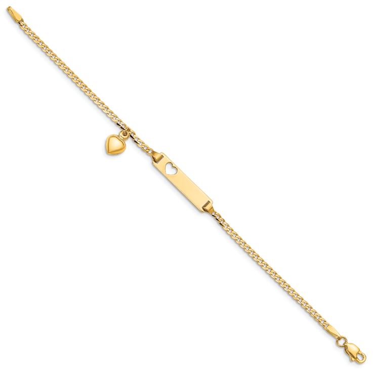 10k Yellow Gold Children's Flat Curb Link ID with Dangling Heart Bracelet