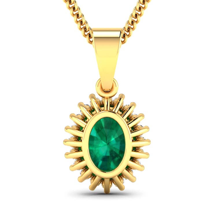 1.10ctw 14K Yellow Gold Zambian Emerald and White Diamond Pendant with
18 inch Cable Chain