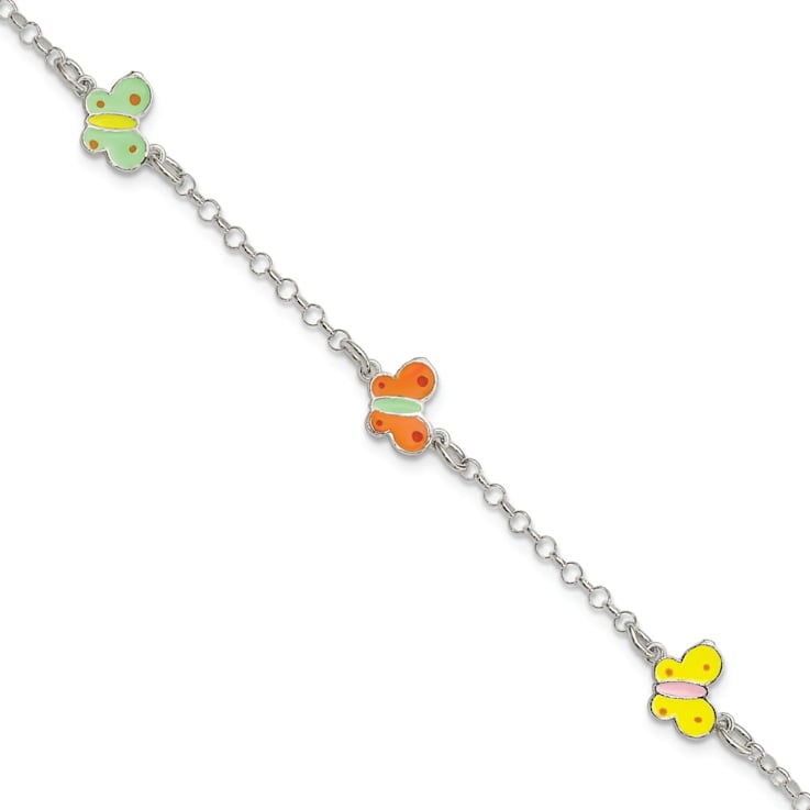 Sterling Silver Multi-color Enamel Butterflies Children's Bracelet